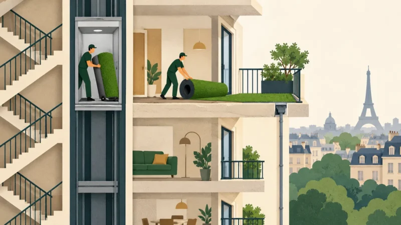 Accès par les parties communes et évacuation du balcon à examiner avant la pose