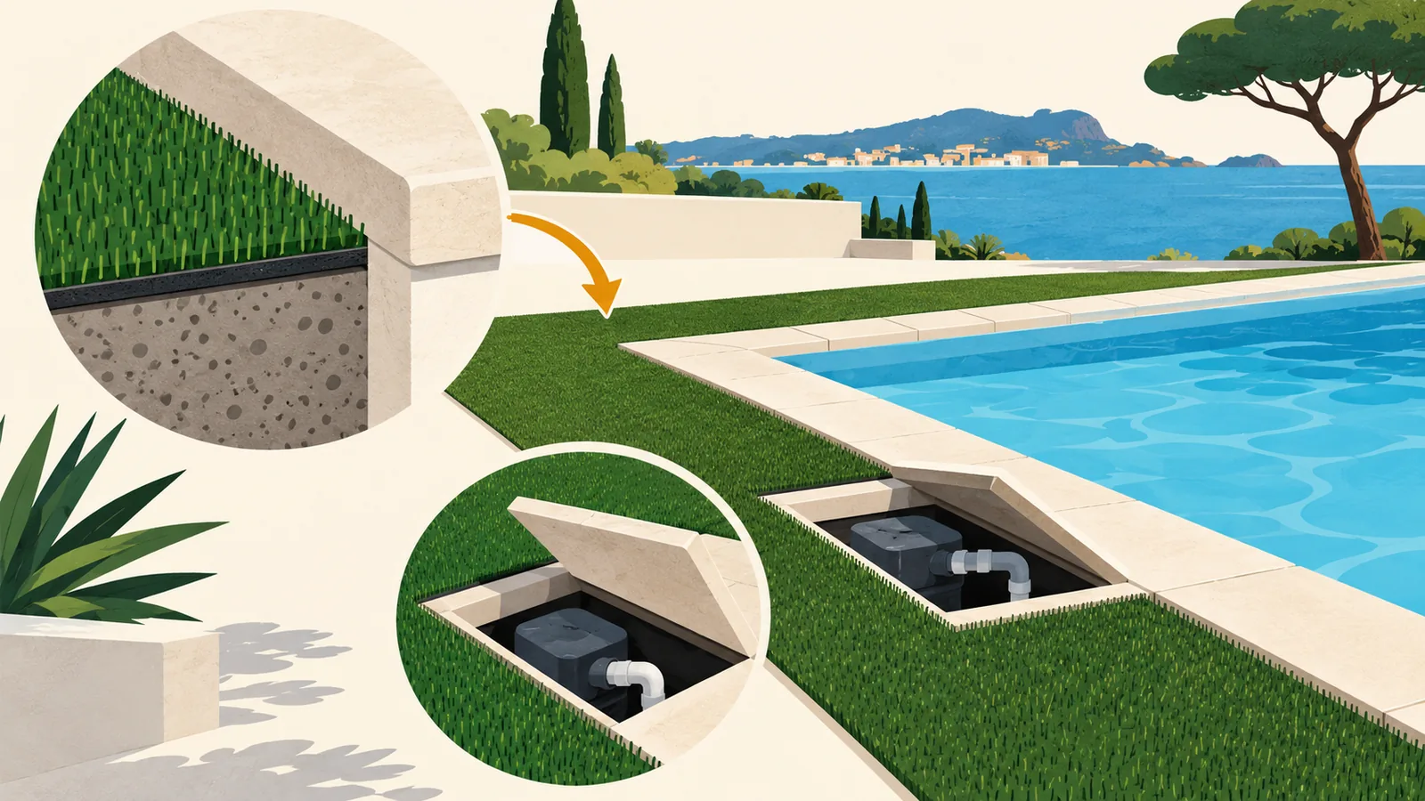 Jonction avec la margelle et accès technique à préserver autour du gazon de piscine