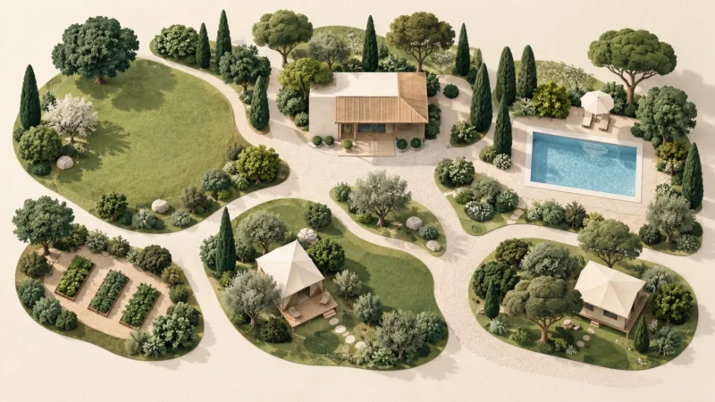Plan conceptuel d’établissement avec accueil, passages, hébergements et piscine