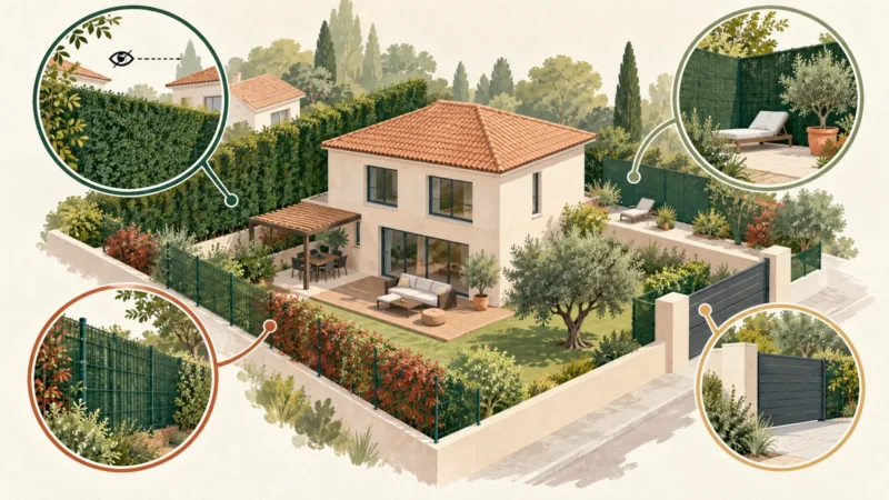 Illustration de plusieurs usages de haie artificielle autour de la maison : intimité, clôture et séparation de terrasse.
