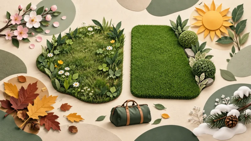 Deux zones de jardin et des repères saisonniers autour d’un sac de voyage