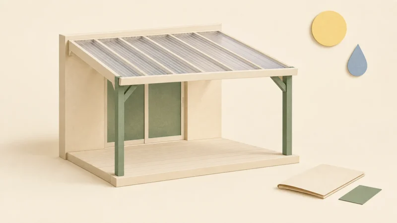 Maquette de véranda translucide, dossier fermé, carte verte et deux symboles météo