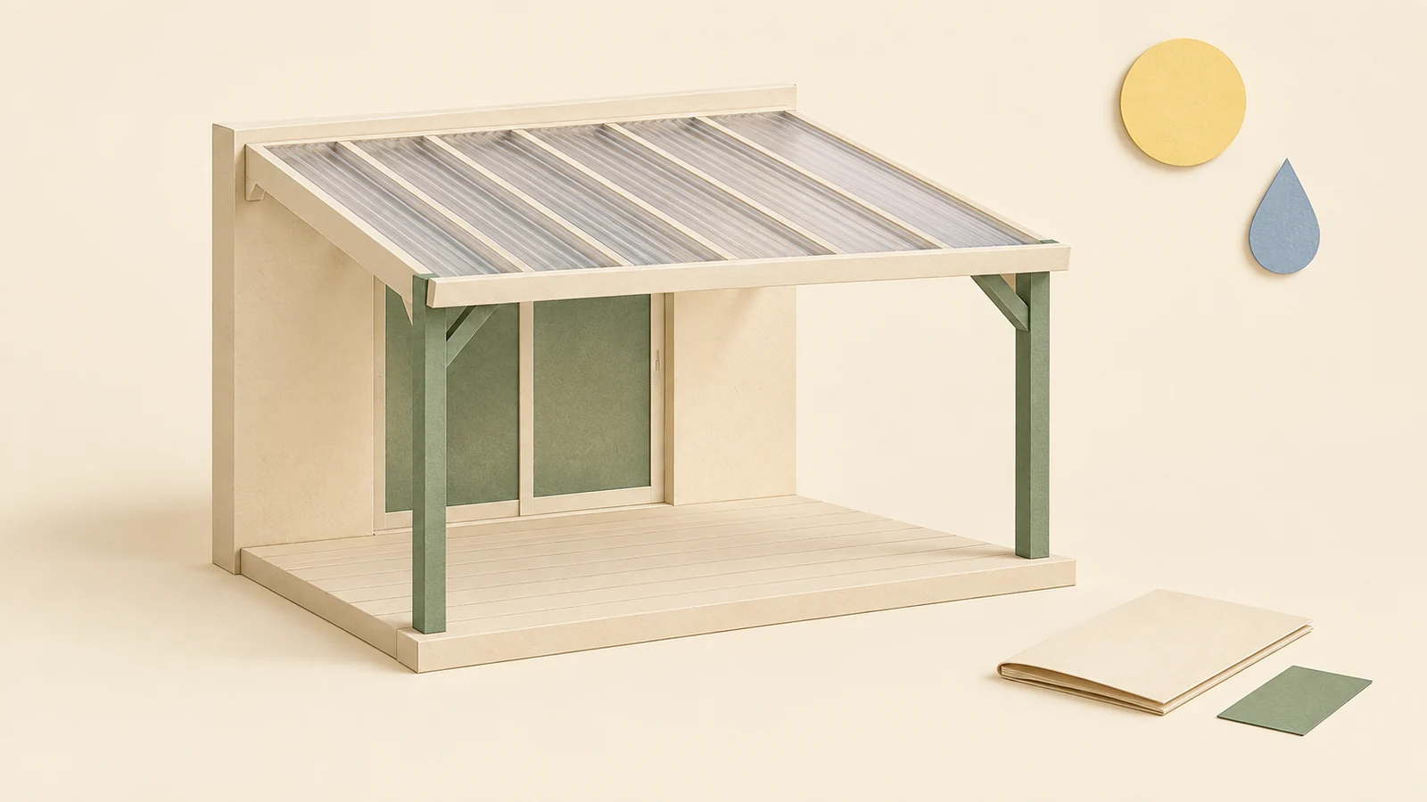 Maquette de véranda translucide, dossier fermé, carte verte et deux symboles météo