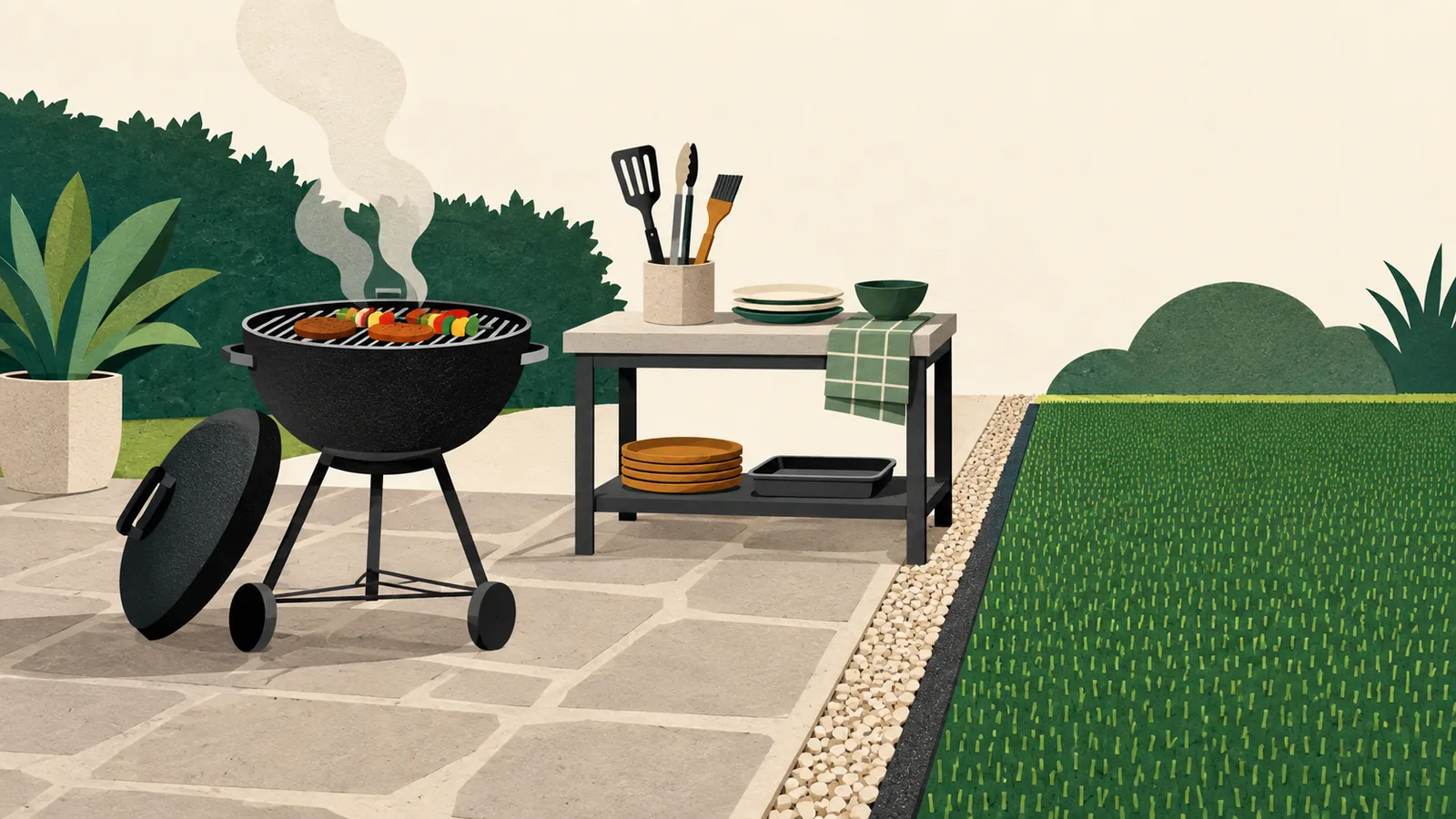 Barbecue et ustensiles installés sur une zone minérale séparée du gazon synthétique