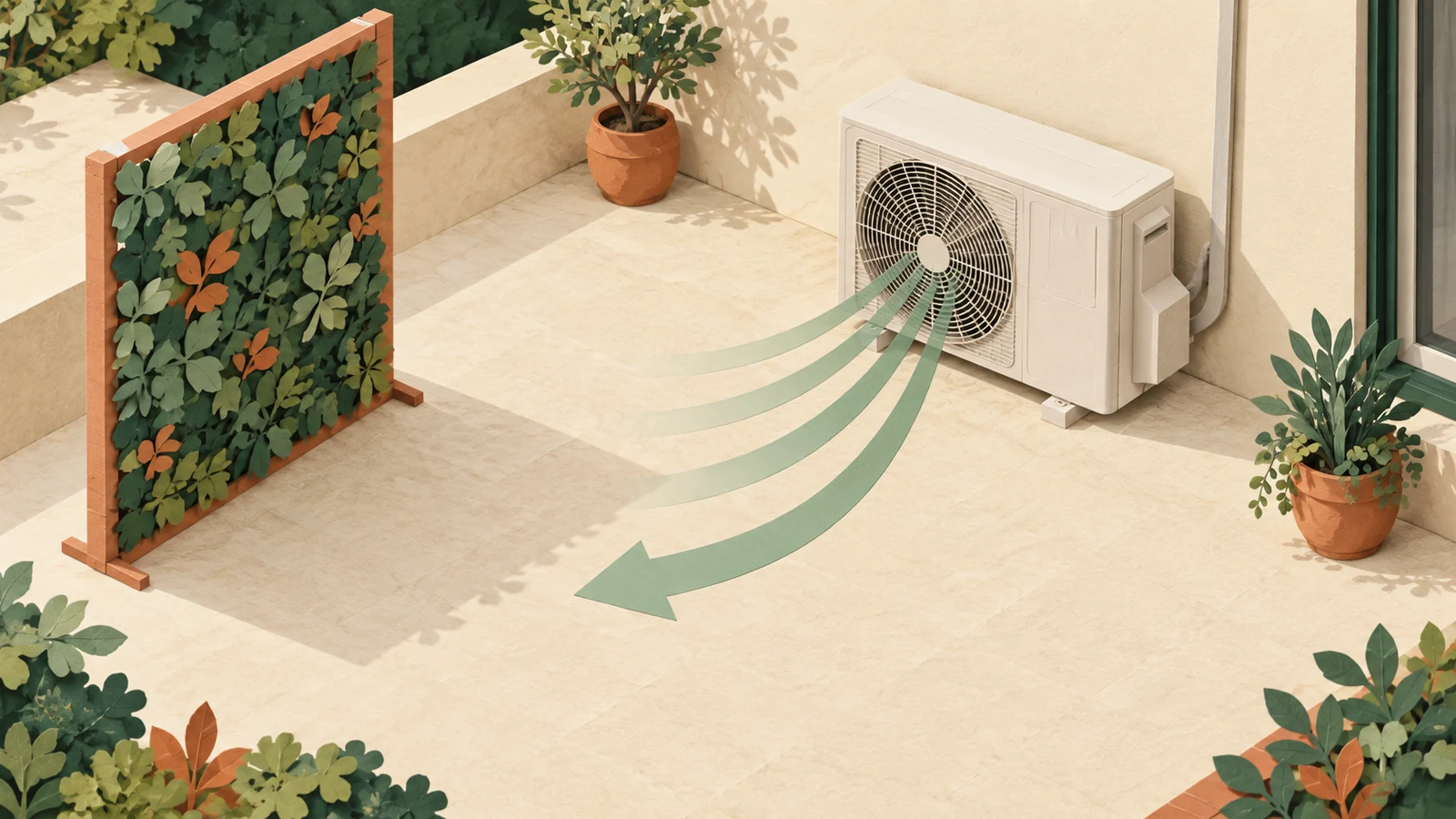 Illustration d’un écran végétal décalé sur le côté d’une climatisation, avec son espace avant dégagé.