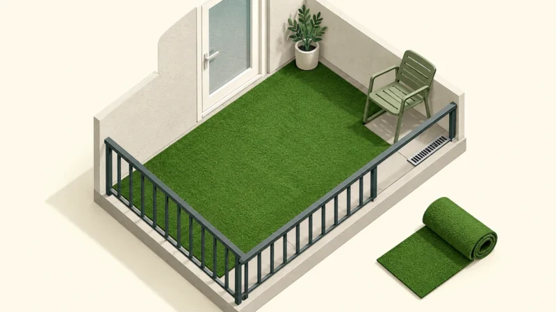 Illustration d’un petit balcon couvert de gazon, avec une bande libre devant l’évacuation.