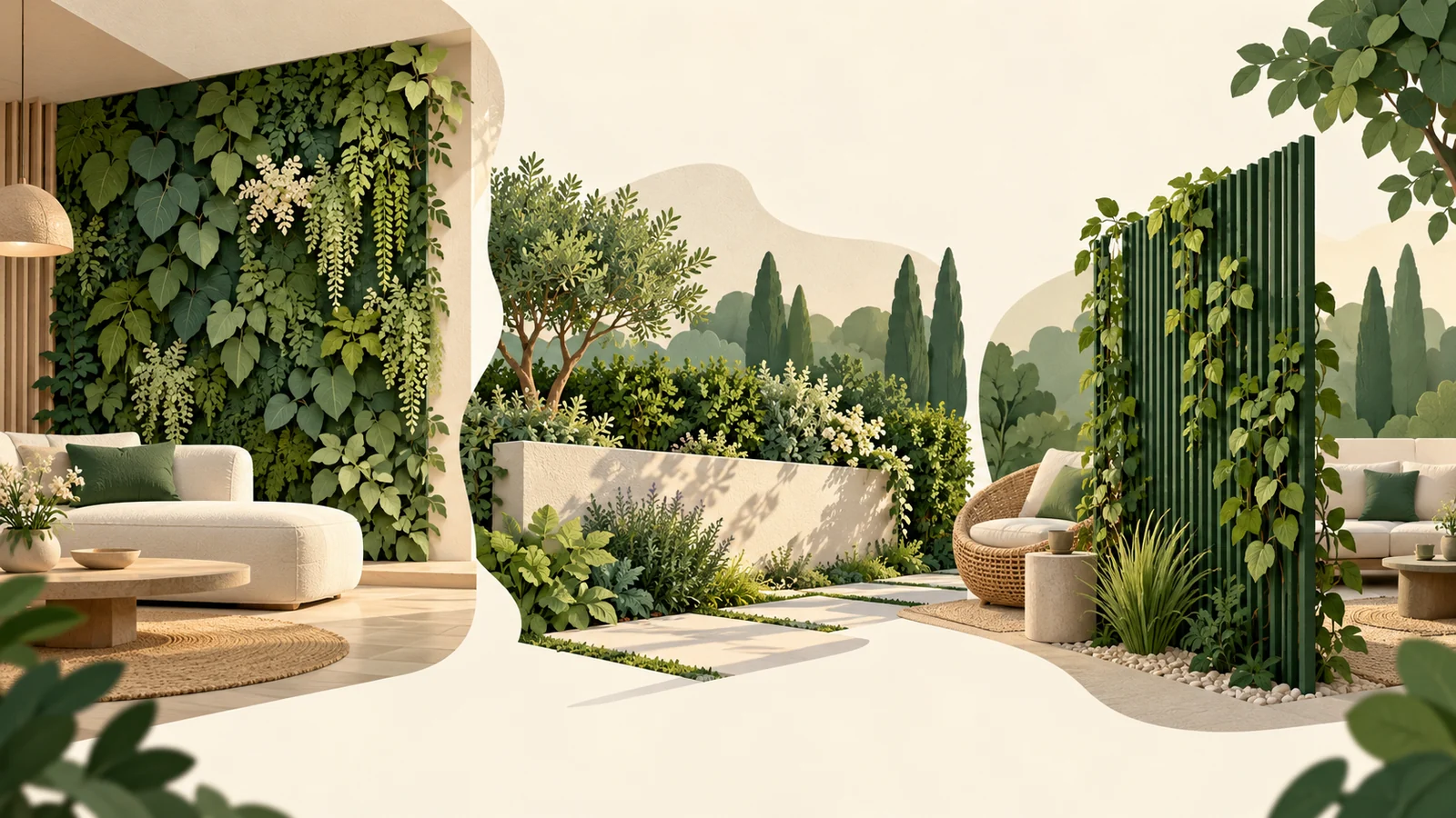 Trois usages de feuillage décoratif : mur, clôture et écran de séparation