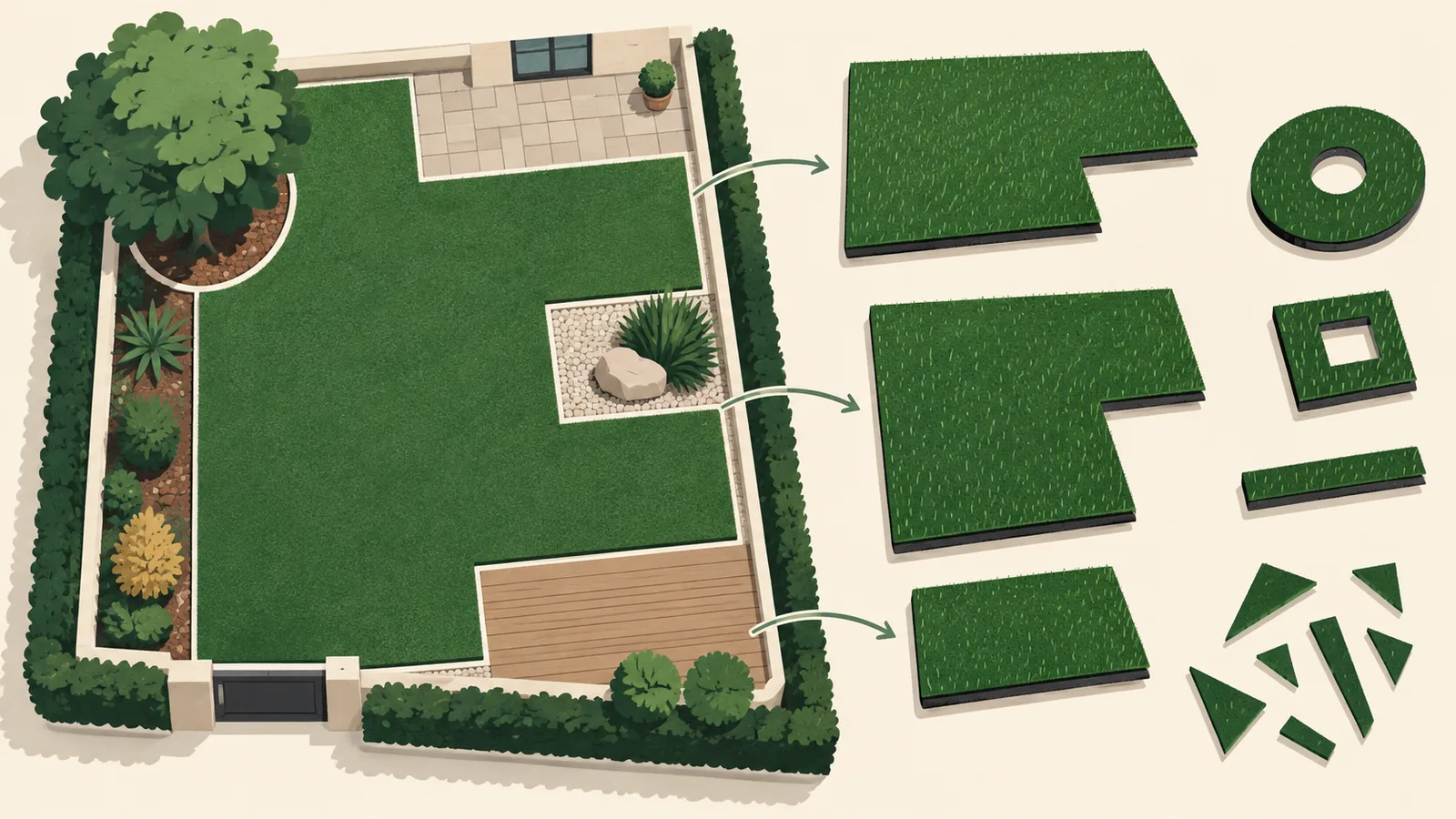 Jardin avec obstacles, pièces de gazon et chutes à anticiper sur le plan