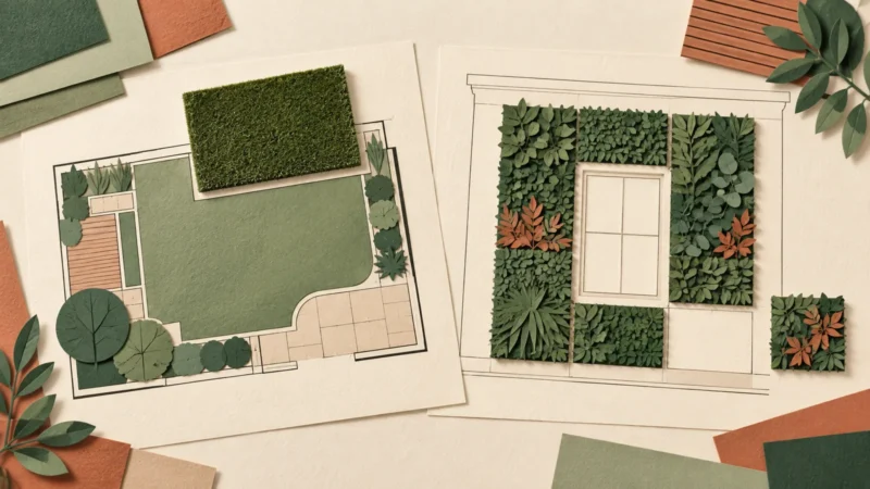 Plan de jardin et modules de feuillage autour de la fenêtre avec un morceau restant