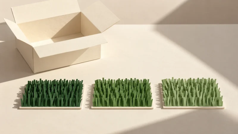 Boîte ouverte et trois cartes à franges de papier vert alignées entre ombre et lumière