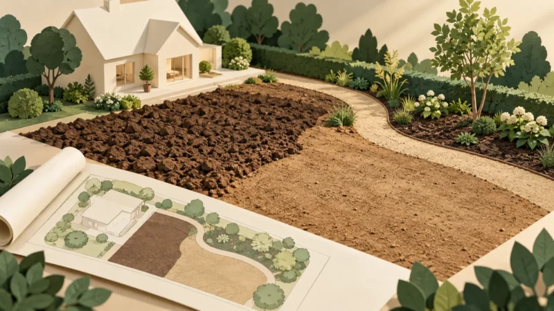 Maquette de jardin après construction avec différentes zones de terre et un plan