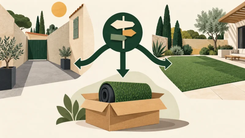 Cour sur dalle, achat du gazon et projet de jardin représentés comme trois décisions