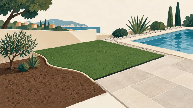 Zones de terre, terrasse et bord de piscine autour du gazon à distinguer dans le projet