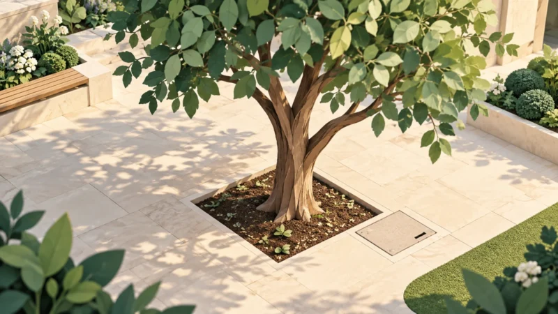 Arbre urbain au pied dégagé, entouré d’un sol aménagé avec regard visible