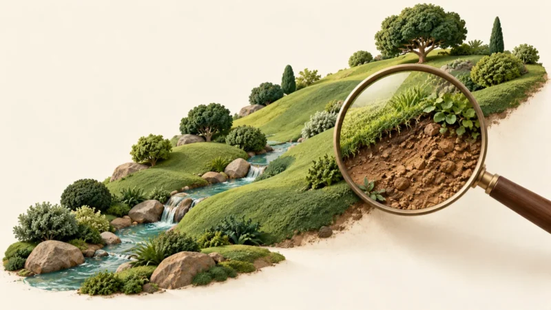 Relief en pente parcouru par l’eau et observation du sol à la loupe