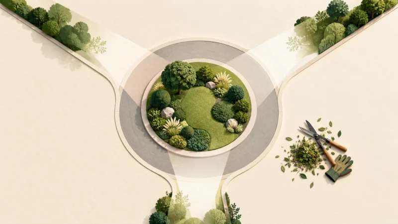 Îlot circulaire stylisé avec espaces de visibilité et accès d’entretien