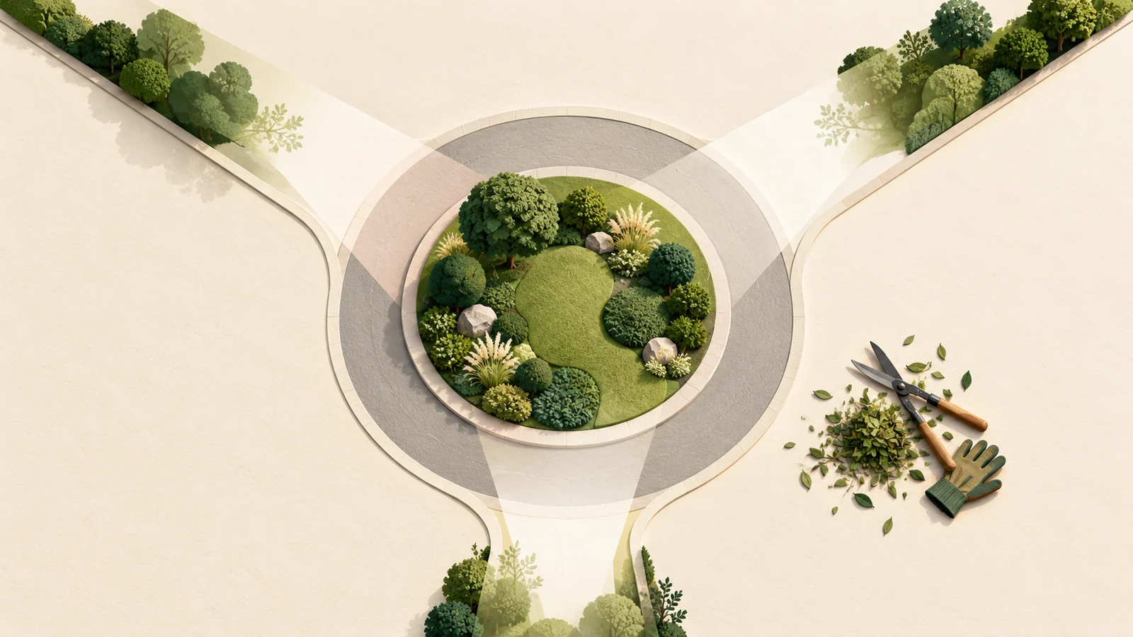 Îlot circulaire stylisé avec espaces de visibilité et accès d’entretien