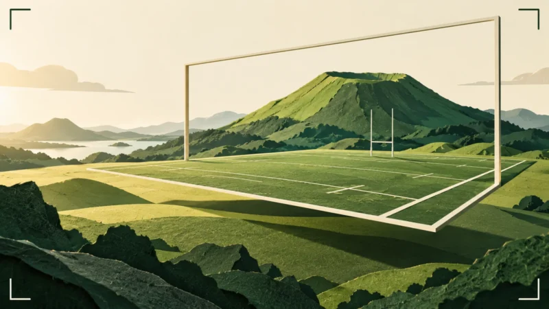 Composition en papier d’un terrain de rugby en perspective devant un relief volcanique
