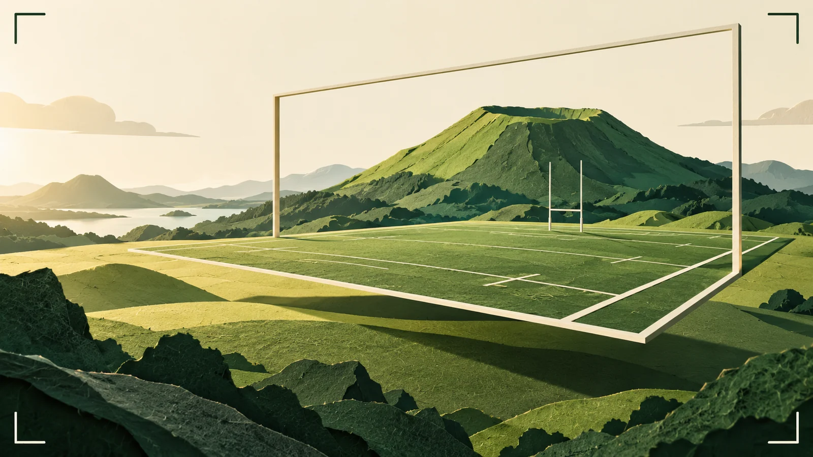 Composition en papier d’un terrain de rugby en perspective devant un relief volcanique