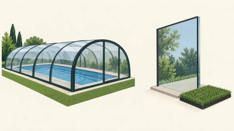 Abri de piscine fermé et vitrage voisin du gazon présentés comme deux situations à examiner