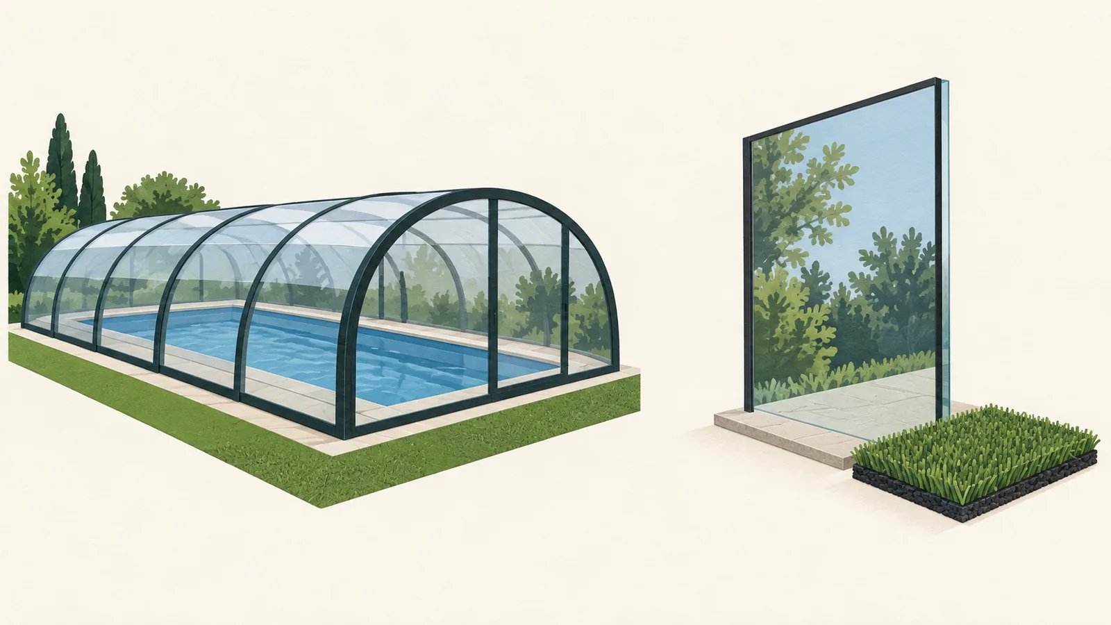 Abri de piscine fermé et vitrage voisin du gazon présentés comme deux situations à examiner