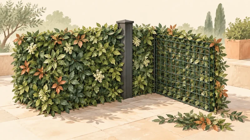 Illustration de panneaux de haie artificielle disposés en angle, avec leur grille arrière et des éléments à recomposer.