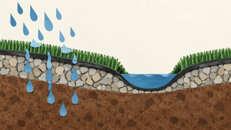 Eau traversant un gazon synthétique et stagnation illustrée dans un point bas