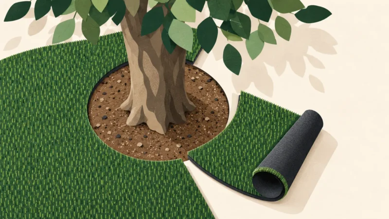 Gazon synthétique ouvert depuis une rive autour d’un arbre dont le pied reste dégagé