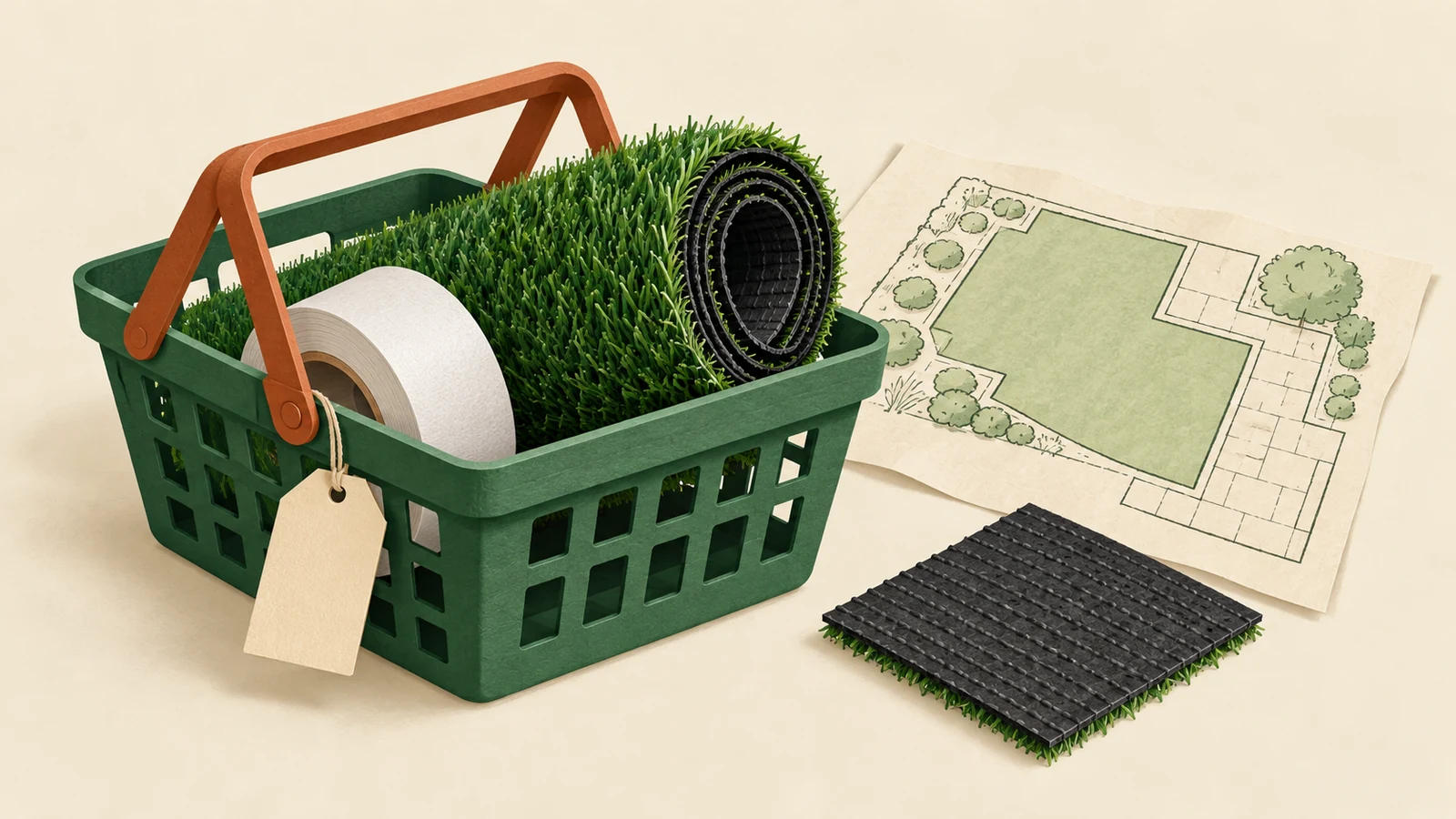 Illustration d’un panier de gazon et d’accessoires, accompagné du plan de jardin et d’un échantillon retourné.