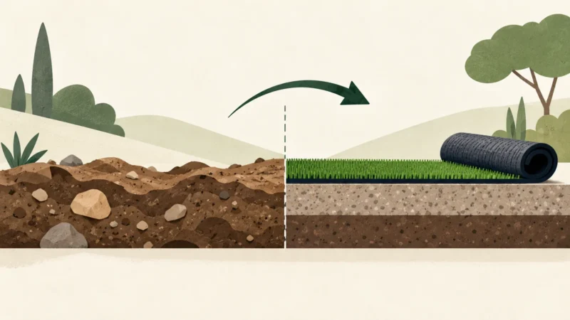 Terrain irrégulier et assise régulière illustrant la préparation avant le gazon