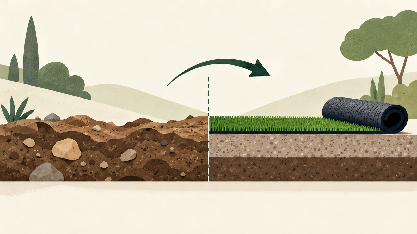Terrain irrégulier et assise régulière illustrant la préparation avant le gazon