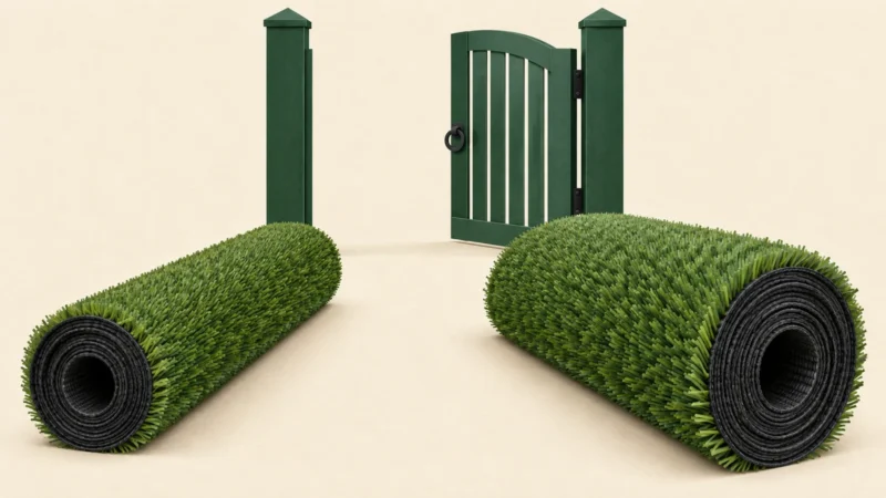 Illustration de deux rouleaux de gazon de formats différents devant un portail, pour préparer leur accès.