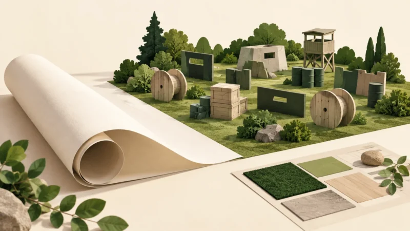 Plan de terrain de loisirs avec obstacles stylisés et dossier de préparation