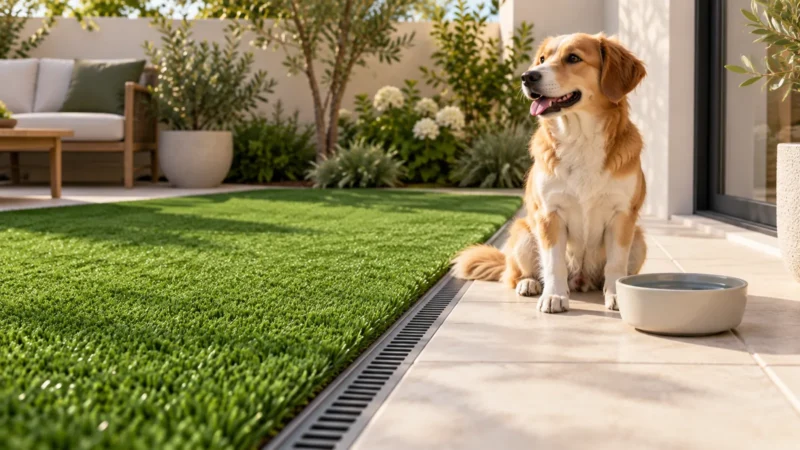 Chien sur une terrasse près d’un gazon et d’un caniveau dégagé