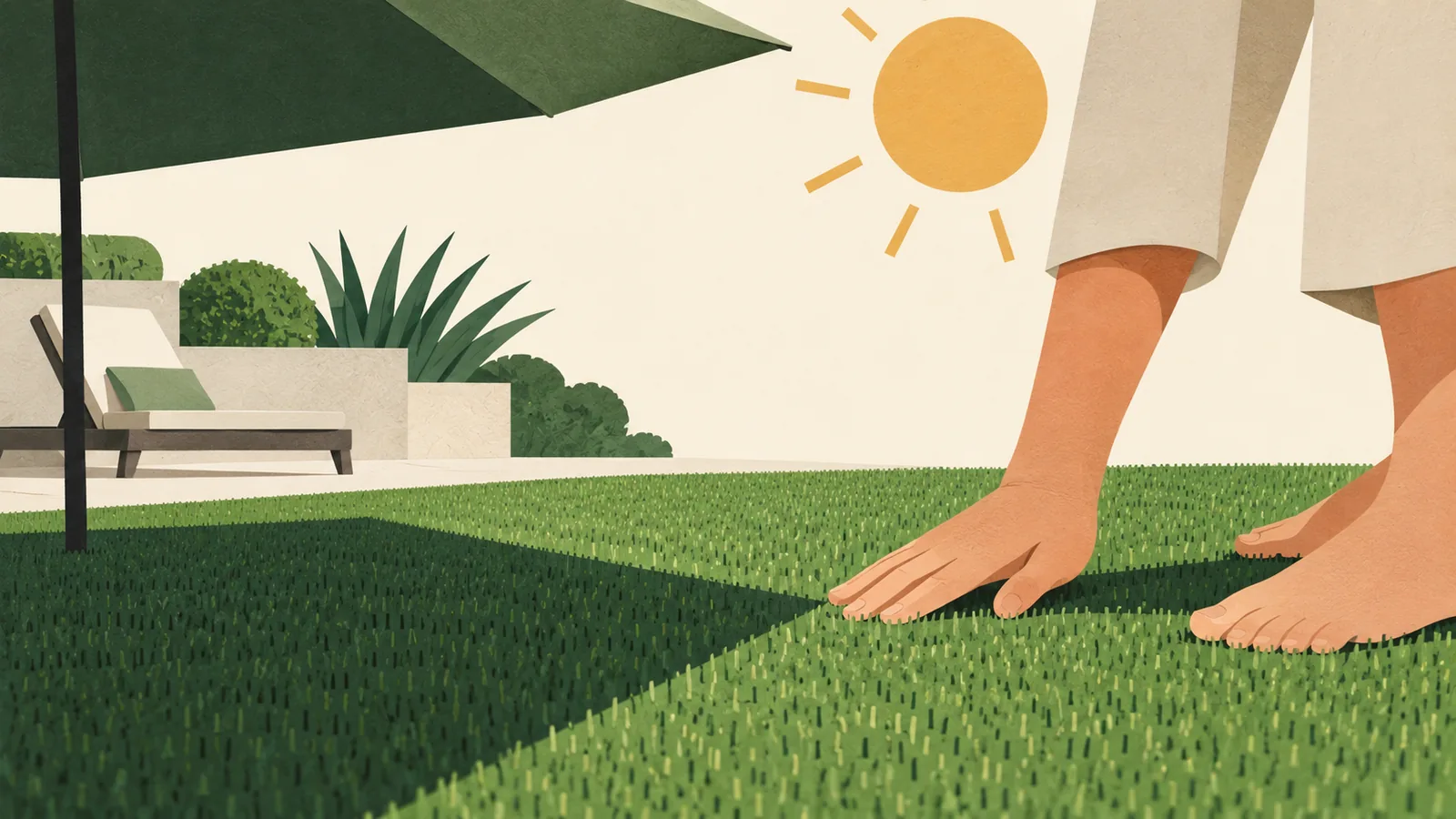 Vérification de la surface du gazon près de la limite entre soleil et ombre