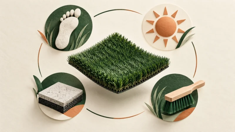 Un échantillon de gazon entouré de symboles de passage, soleil, support et brossage