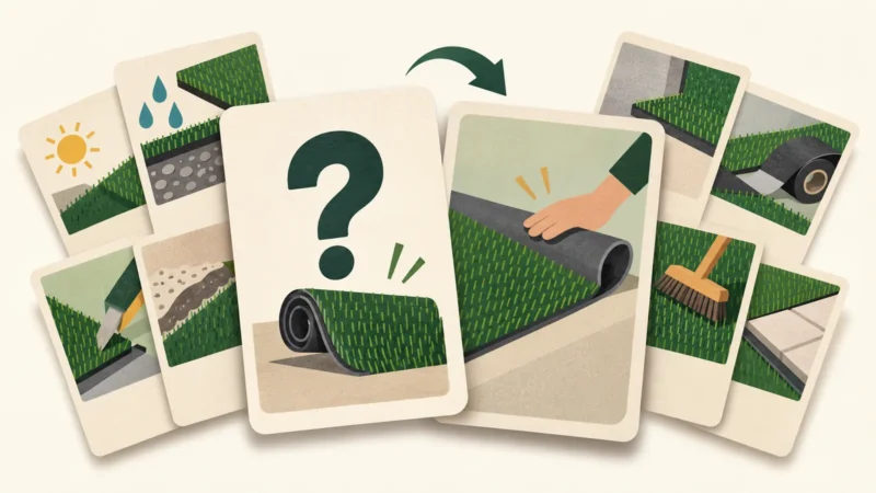 Cartes illustrées des questions à vérifier avant de poser un gazon synthétique