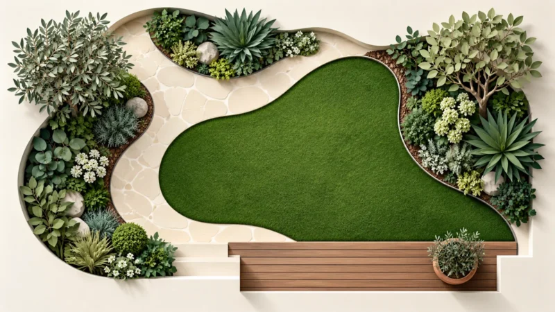 Vue illustrée d’un jardin composé d’une zone gazonnée, d’un chemin courbe et de massifs