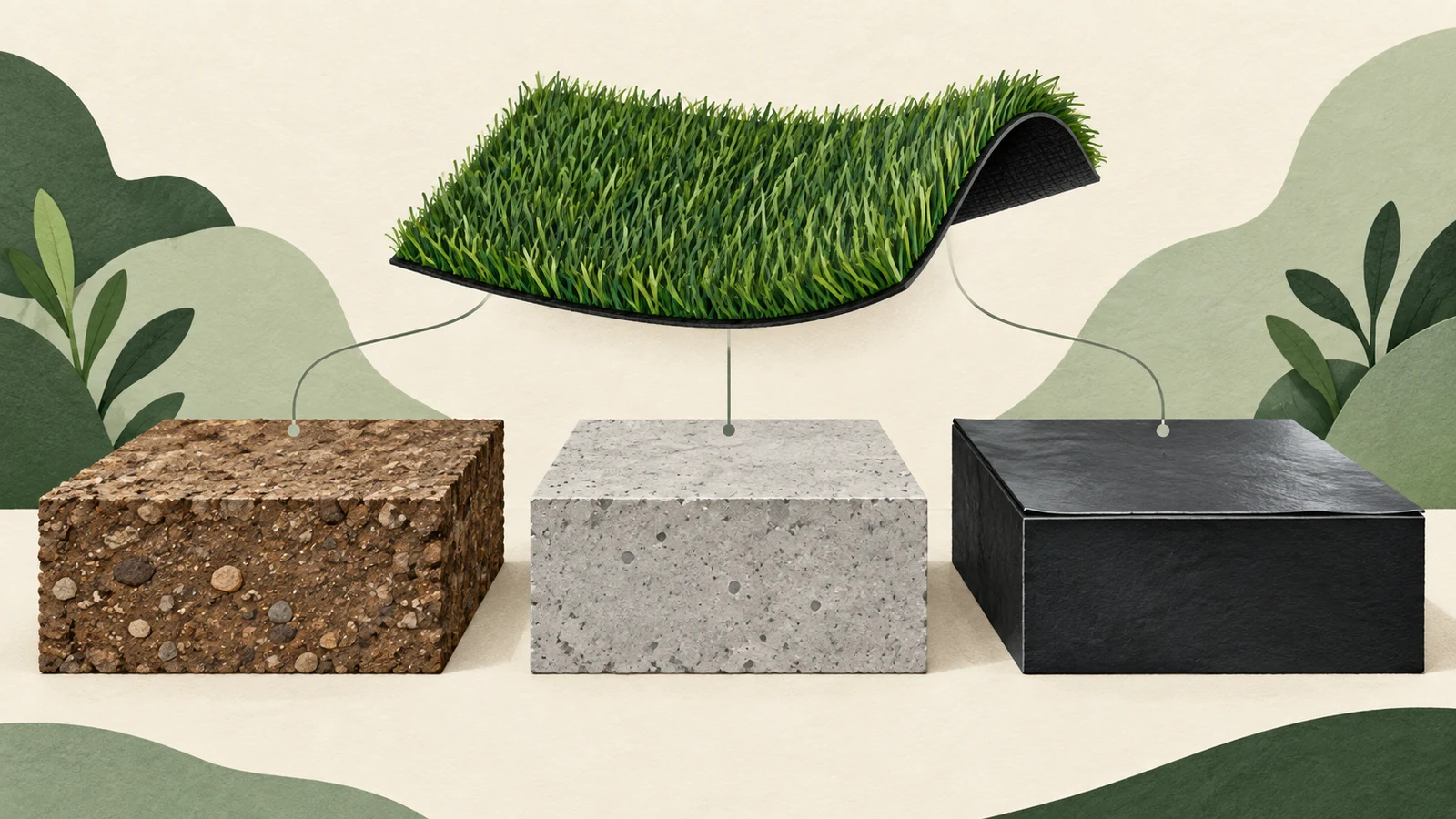Illustration des supports à identifier sous le gazon : sol minéral, béton et membrane.