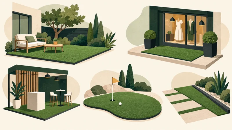 Usages du gazon illustrés dans un jardin, une vitrine, un stand, un putting et une bordure