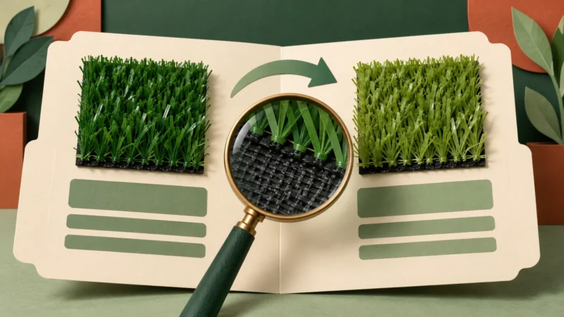 Illustration de deux propositions de gazon et d’une loupe pour comparer les échantillons avant substitution.