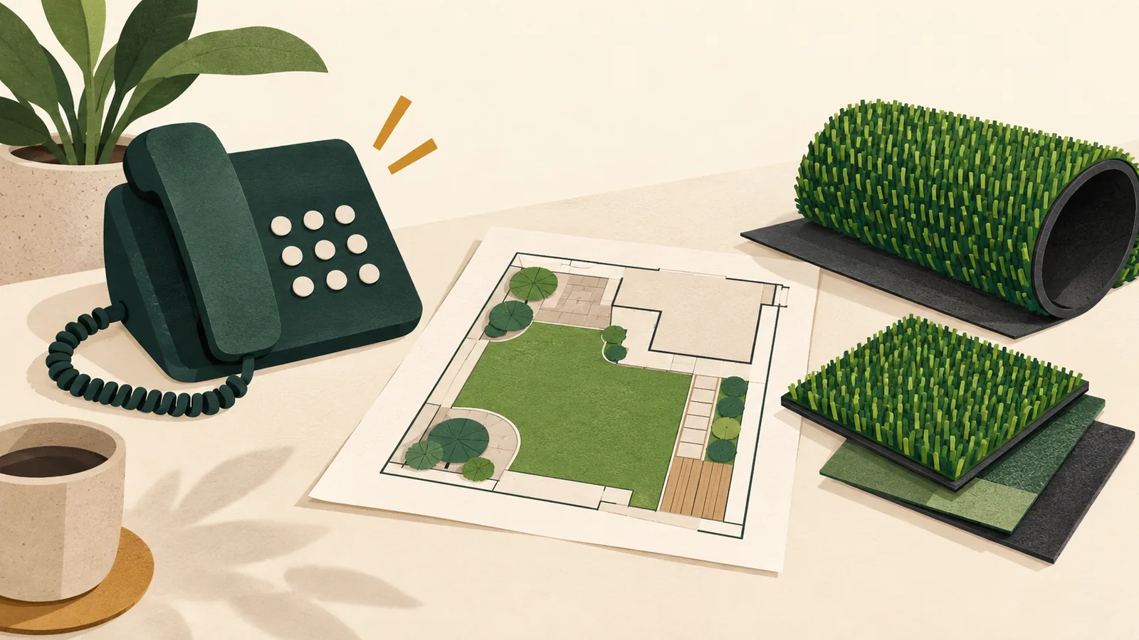 Téléphone, plan de jardin et échantillons pour préparer une demande de conseil