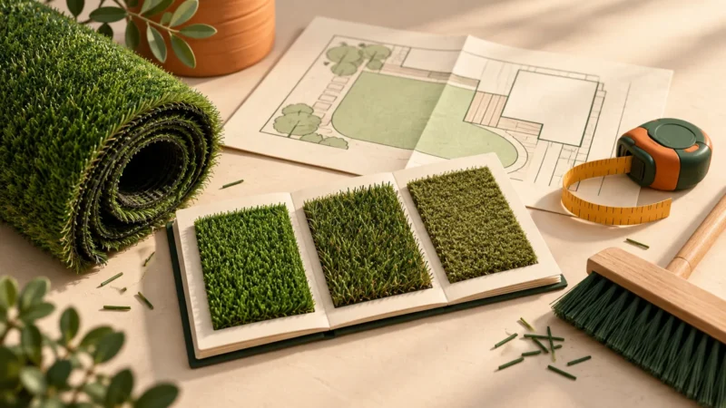 Échantillons de gazon, plan de jardin, mètre et balai représentés sur une table