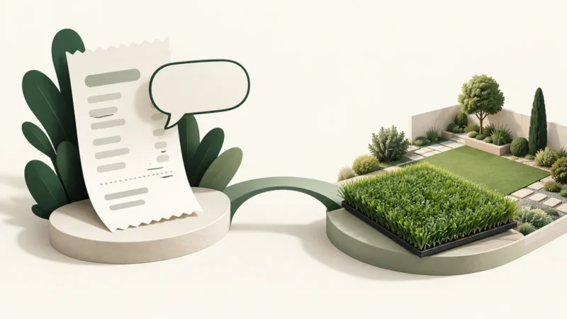 Reçu et bulle de commentaire face au jardin et au gazon illustrés