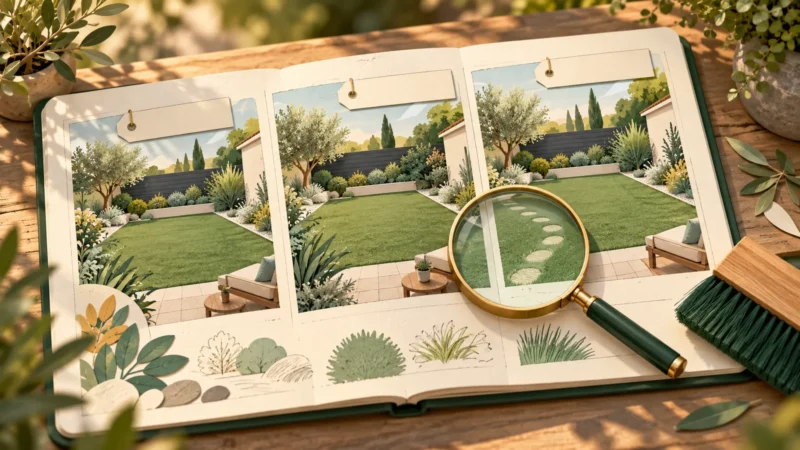Carnet illustré de suivi du jardin avec loupe sur un passage et brosse