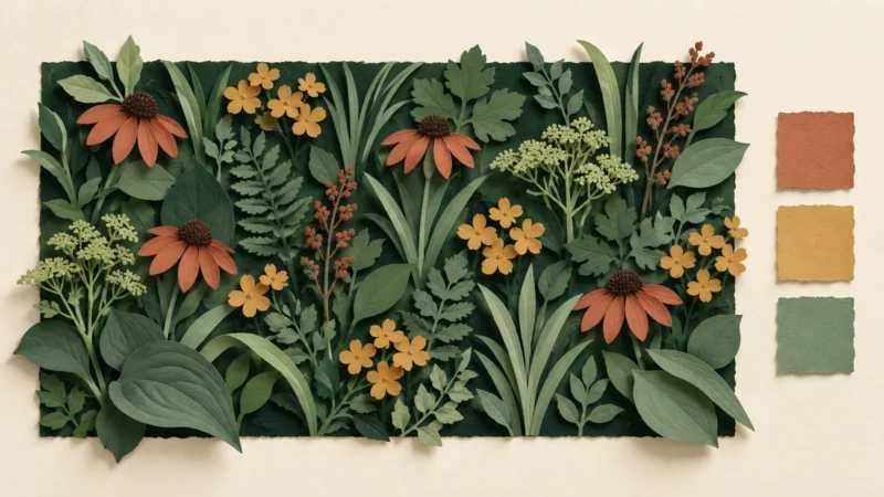 Touches florales ocre et terre cuite réparties dans un fond végétal vert