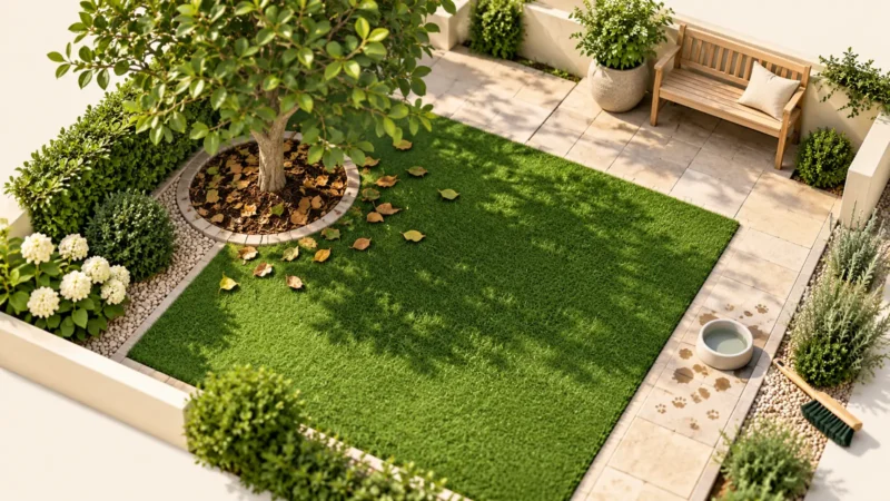 Jardin miniature avec feuilles, mobilier et zone de passage à surveiller pour l’entretien