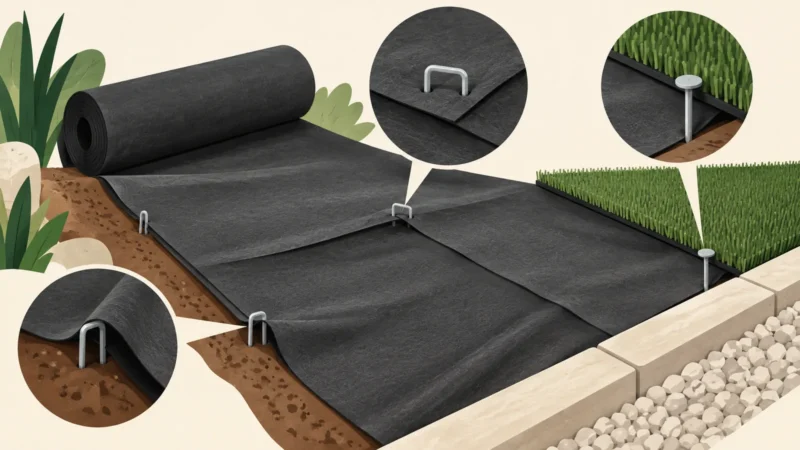 Rive, angle et recouvrement de géotextile avec exemples de maintien