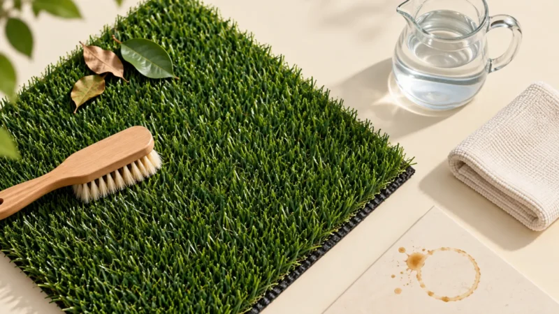 Échantillon de gazon, brosse douce, eau et chiffon pour illustrer les gestes de nettoyage