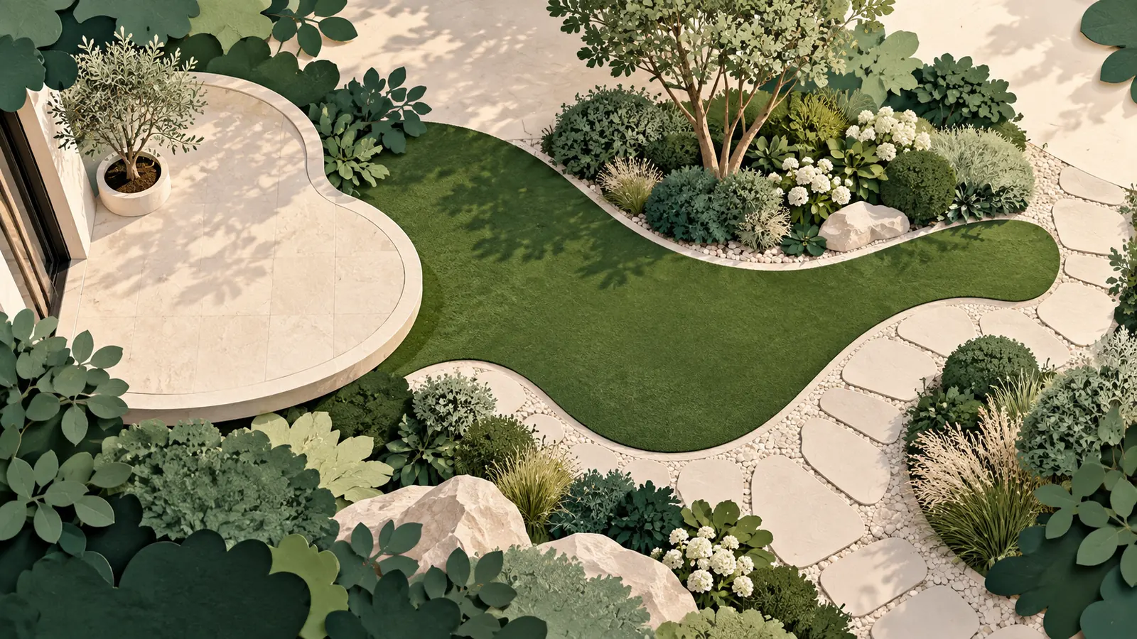 Zone verte reliant une terrasse, un chemin et des massifs